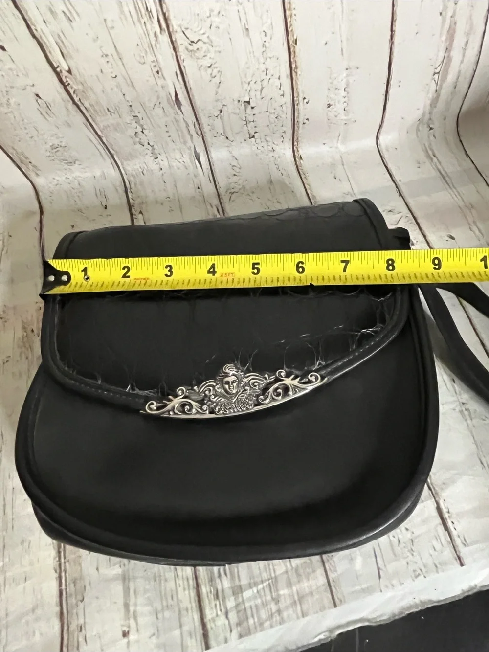Black Croc Pattern Purse Vintage With Silver Cherub Design